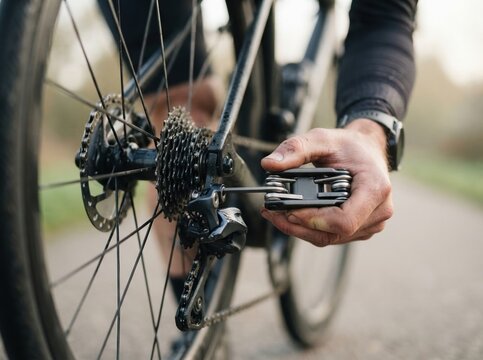 bike repair multi tool closeup Close-up of a person fixing a bicycle gear on a road bike outdoors