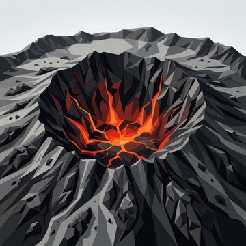 Active volcano crater with glowing lava low poly art.