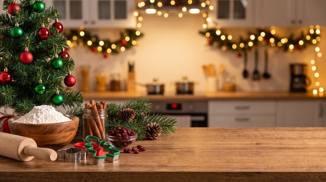 Kitchen countertop decorated with festive Christmas ornaments and assorted baking ingredients, creating a cozy seasonal cooking and holiday baking atmosphere