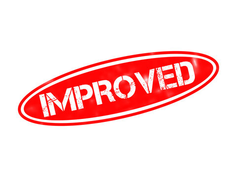 Red oval stamp with the word improved in white, distressed, stencil-style capital letters, isolated on a solid black background, icon isolated on a transparent background