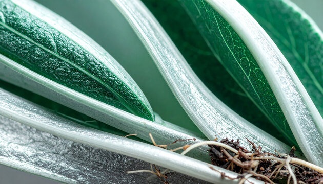 Macro view of a plant stem and leaf with fine detail: A close-up photograph reveals the intricate textures of a plant stem and leaves, showing fine hairs, veins.