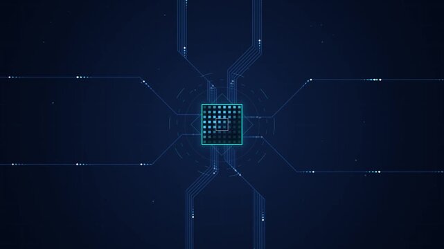 Futuristic blue digital motion graphic featuring a glowing central microchip processor and connected circuit board lines with data nodes on a dark bac