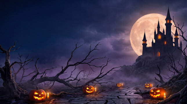 Gothic Halloween Castle Beneath Glowing Full Moon
