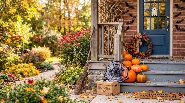 Traditional Halloween Pumpkin Porch With Autumn Decorations
