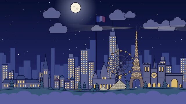 Night Flat Design Paris Travel Background with Icons