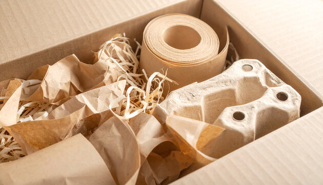 Cardboard Box with Eco-friendly Packaging: A close-up view inside a cardboard box reveals a selection of sustainable packaging materials, including shredded paper, bubble wrap alternative.