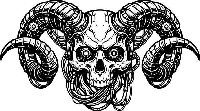 Cyberpunk Skull with Horns & Neon Wires