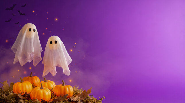 Cute Floating Halloween Ghosts Above Orange Autumn Pumpkins