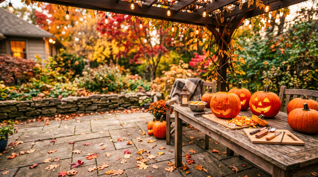 Rustic Autumn Halloween Garden With Pumpkins And Lanterns