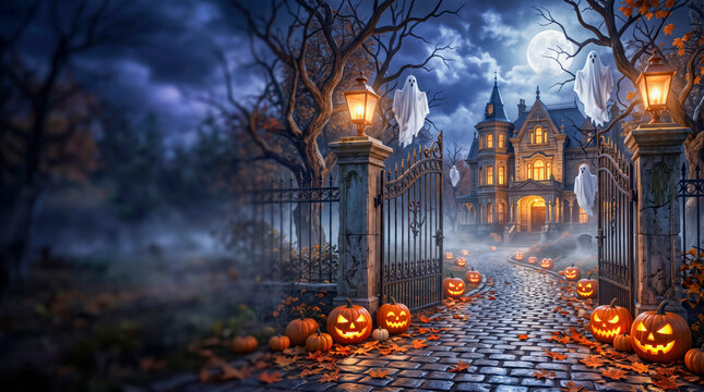 Gothic Halloween Mansion Entrance With Glowing Pumpkin Lanterns
