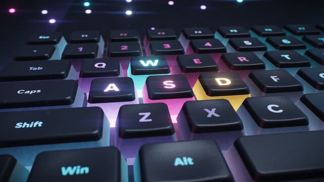 Gaming keyboard glowing WASD keys in dynamic cyberpunk neon lighting loop