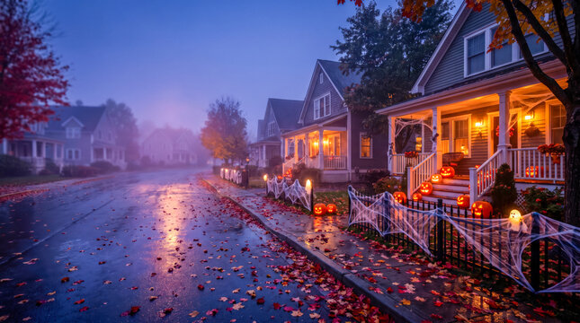 Glowing Halloween Neighborhood With Decorated Porches At Twilight