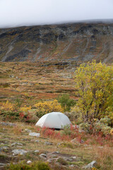 Tent in an autumn landscape in the mountains near Kebnekaise, Sweden © Jacob Hall
