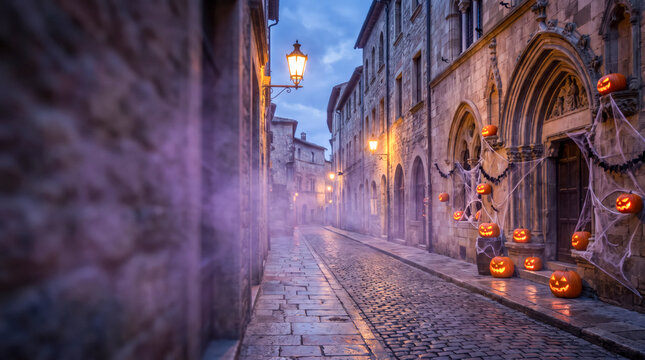 Foggy Medieval Halloween Street With Gothic Stone Architecture