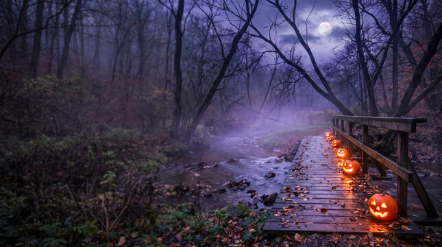Mysterious Halloween Forest Bridge With Glowing Pumpkin Lanterns