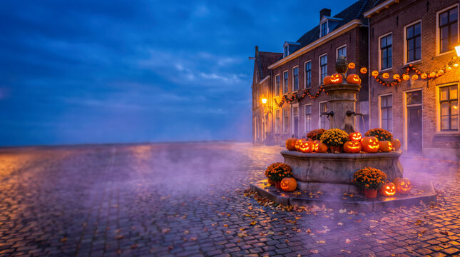 Foggy Halloween Coastal Village With Glowing Pumpkin Decorations
