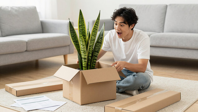 Young Adult Unboxing New Plants from Online Delivery