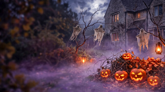 Haunted Halloween Mansion With Glowing Jack Lanterns