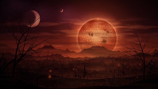 Surreal Alien Landscape with Red Dwarf Star and Moons in Orbit