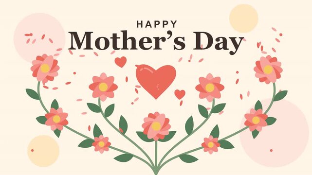 Happy mother's day animated background with beating heart sends a golden pulse through a flower bouquet that blooms in sequence. Seamless loop 4k