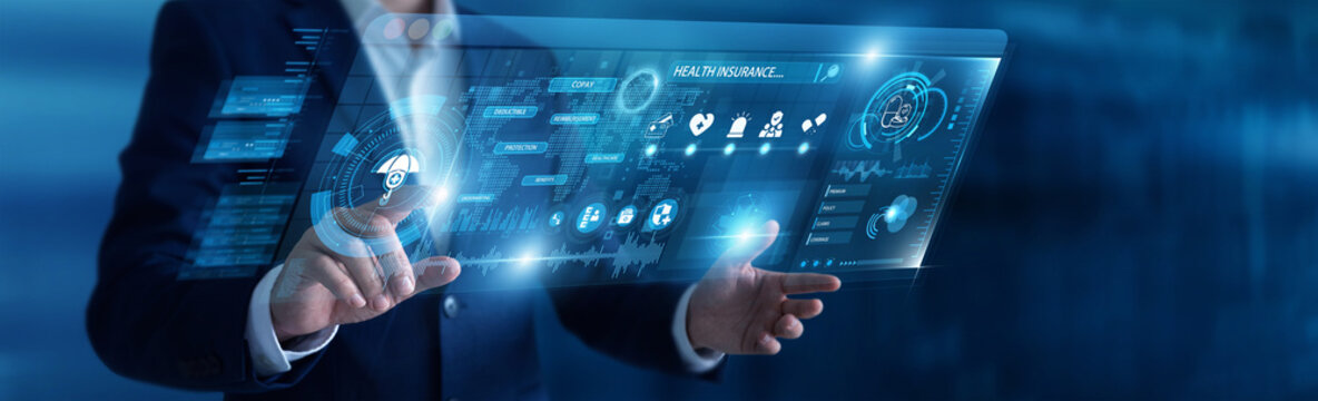 Businessman analyzing Health Insurance policy and digital screen, medical coverage data networking interface. Life assurance protection, patient care benefits, claim management.