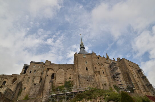 Looking up at the abbey of Mont-Saint-Michel in Normandy France