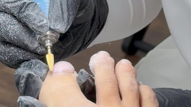  Close macro shot of a hardware pedicure procedure. A nail technician in black gloves uses a cone drill bit on the big toenail; visible nail dust flies off.