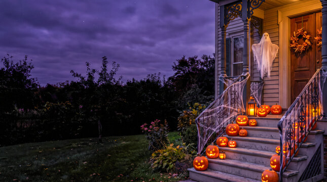 Haunted Victorian Halloween Porch With Glowing Pumpkins
