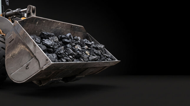 Wheel loader bucket filled with coal rocks, rock pile isolated on black background, coal mining industry extraction and heavy equipment concept