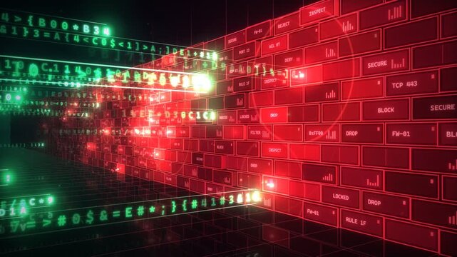 Digital firewall wall blocking cyber threats with flashing red blocks and data packets streaming