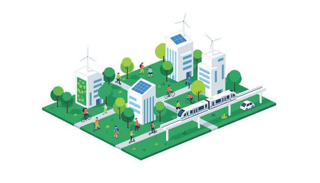 Isometric eco city illustration featuring renewable energy wind turbines solar panels and transit train.