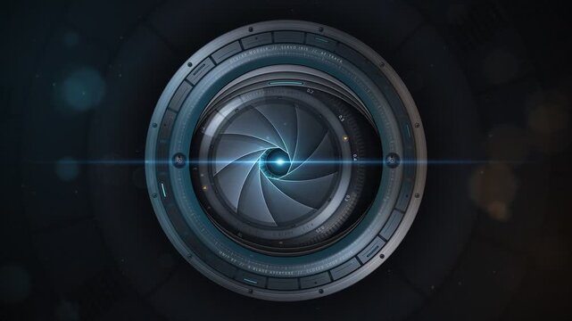 Futuristic Robotic Camera Eye With Iris Aperture Opening And Closing Loop