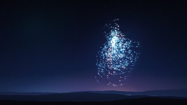 Drone Fleet Swarming Glowing Lights Night Sky Seamless Loop Animation