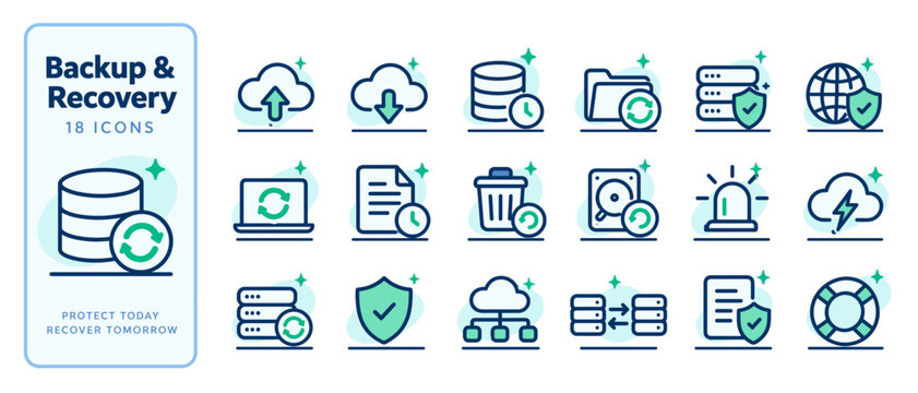 Backup and recovery line icon set for data protection
