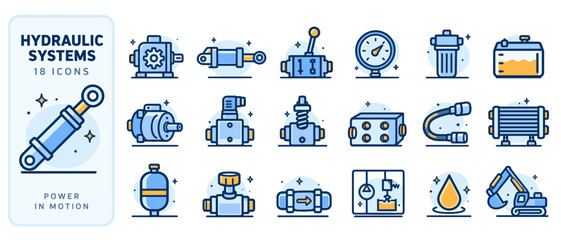 Naklejka premium Hydraulic system equipment icon set with blue and orange accents