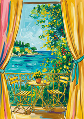 Fototapeta premium View from an open window of a sea bay with a sailboat, watercolor 