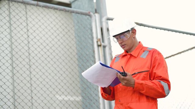 Engineer checks inspection records and technical documents beside fenced electrical transformer at industrial site. Electrical equipment assessment, power distribution safety, facility maintenance.