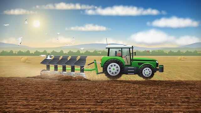 Green tractor plowing agricultural field with birds flying behind in cartoon animation