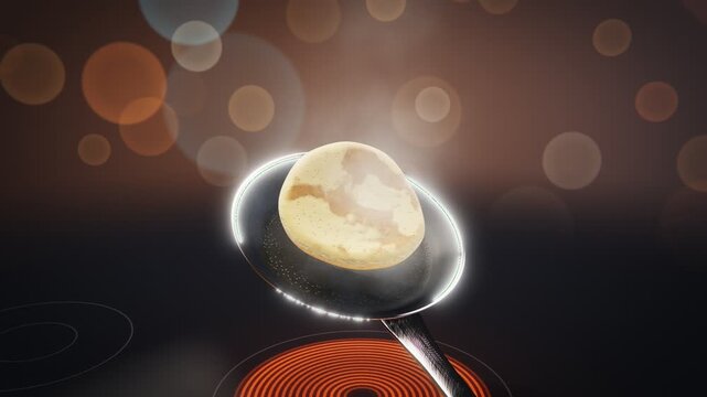 Delicious golden pancake flipping smoothly in a shiny frying pan over a modern induction cooktop