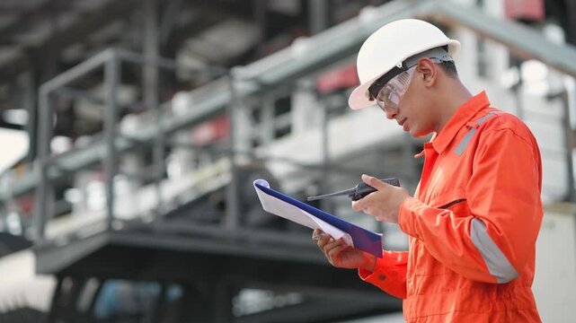 Engineer communicates by handheld radio while reviewing inspection checklist beside industrial electrical equipment. Transformer maintenance coordination, technical report, facility safety monitoring.