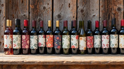 Naklejka premium Various wine bottles with blank floral labels stand in row on wooden table. Different shapes, sizes of glass bottles with colorful pattern stickers against rustic timber background. Collection of