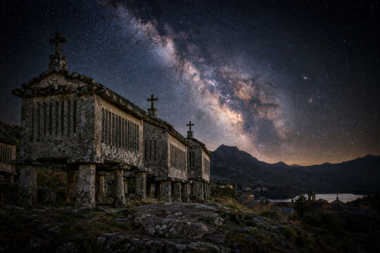 Row of stone granaries under the Milky Way in a mountain village