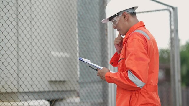 Engineer uses handheld radio while reviewing inspection documents beside fenced electrical transformer at industrial facility. Power equipment maintenance, safety monitoring, site assessment.