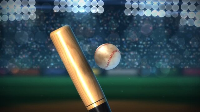 Baseball Bat Impact Slow Motion Hitting Ball With Stadium Lights And Crowd Background