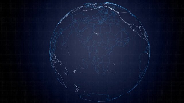 Futuristic digital globe with country's frontiers in glowing blue outlines rotating against dark dotted technological background, ideal for global, geography and network concepts. Seamlessly loopable