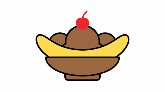 A delicious chocolate ice cream sundae served in a boat-shaped dish with a banana split and topped with a cherry