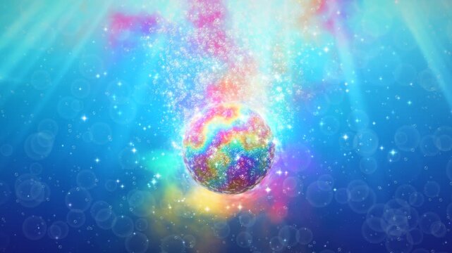 multicolored bath bomb fizzing in vibrant cosmic water loop