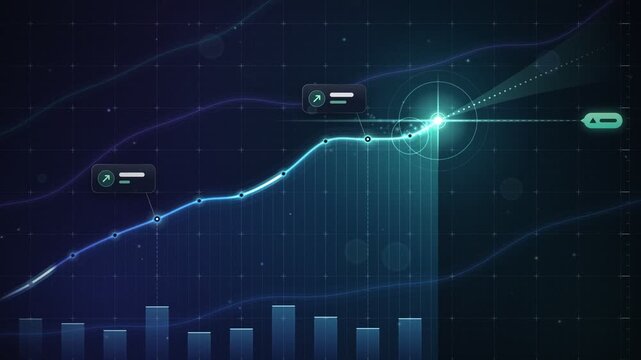 Rising Neon Line Chart Growth Graph With Volume Bars And Data Points Loop