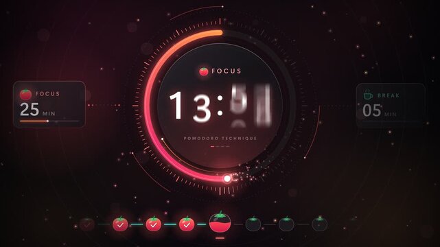 Pomodoro Focus Timer Countdown And Break Cycle With Glowing Progress Ring 4K Animation
