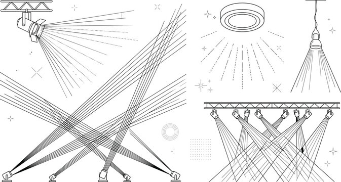 Stage Spotlight and Concert Light Beam Vector Set with Theatre Projectors, Truss Systems, and Modern Interior Ceiling Lamps for Event Designs
